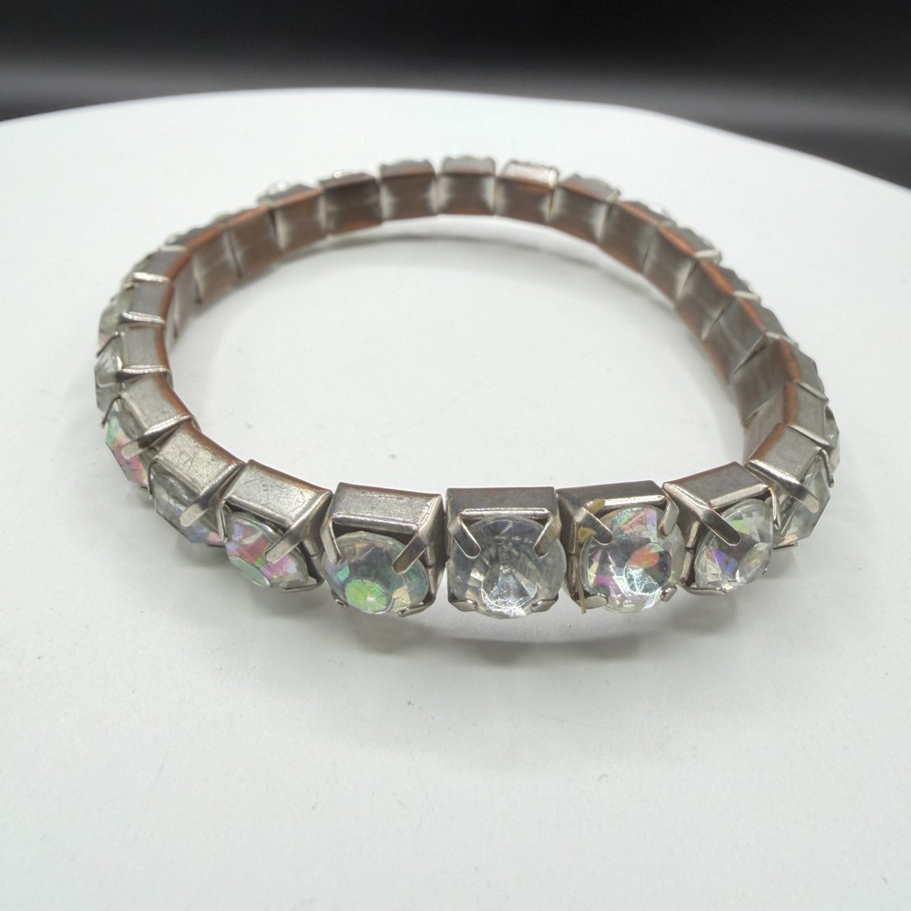 Silver Tone Aurora Borealis Rhinestone Stretch Bracelet Clear Crystal Statement